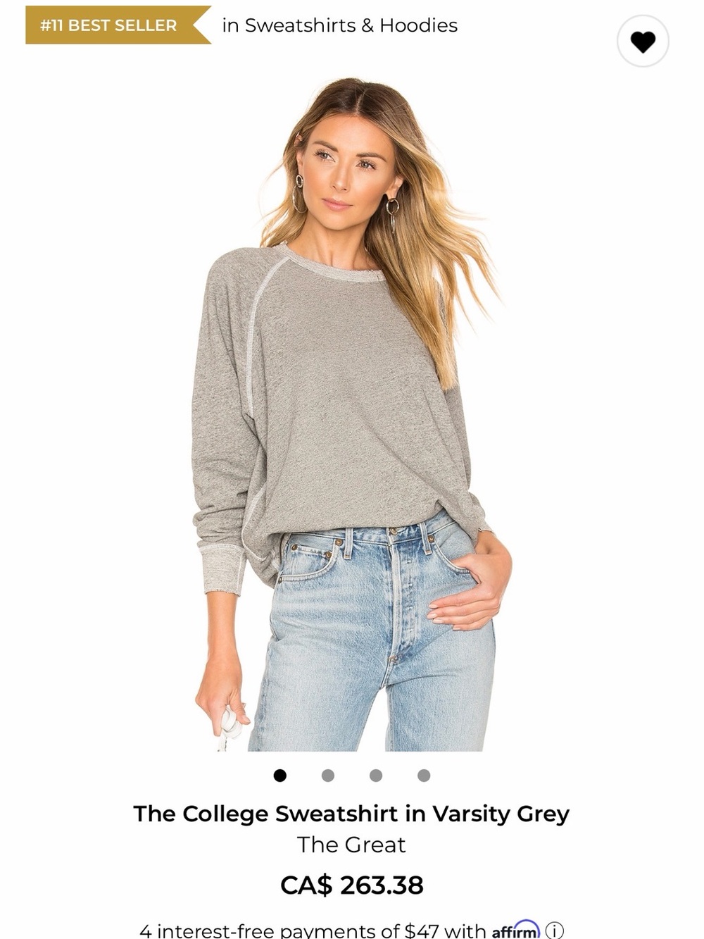 THE GREAT. Varsity Grey Crewneck Sweatshirt